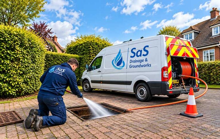 Professional drainage engineer repairing an outdoor drain system